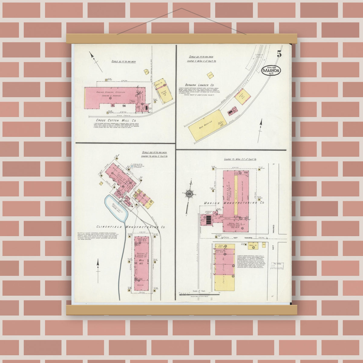 Old map wall art mockup — magnetic wood frame on brick wall — Sanborn Fire Insurance Map from Marion, Mcdowell County, North Carolina (1918), Sheet #0005