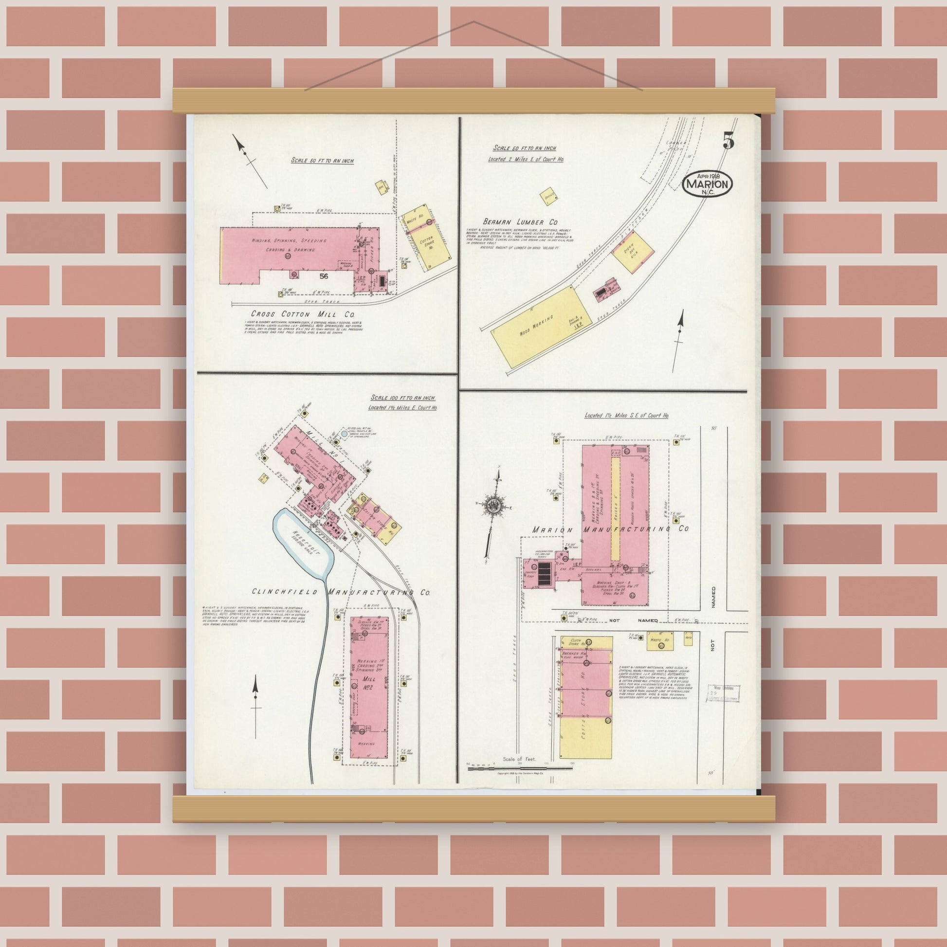 Old map wall art mockup — magnetic wood frame on brick wall — Sanborn Fire Insurance Map from Marion, Mcdowell County, North Carolina (1918), Sheet #0005