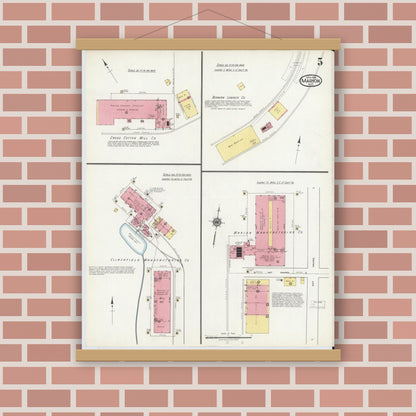 Old map wall art mockup — magnetic wood frame on brick wall — Sanborn Fire Insurance Map from Marion, Mcdowell County, North Carolina (1918), Sheet #0005