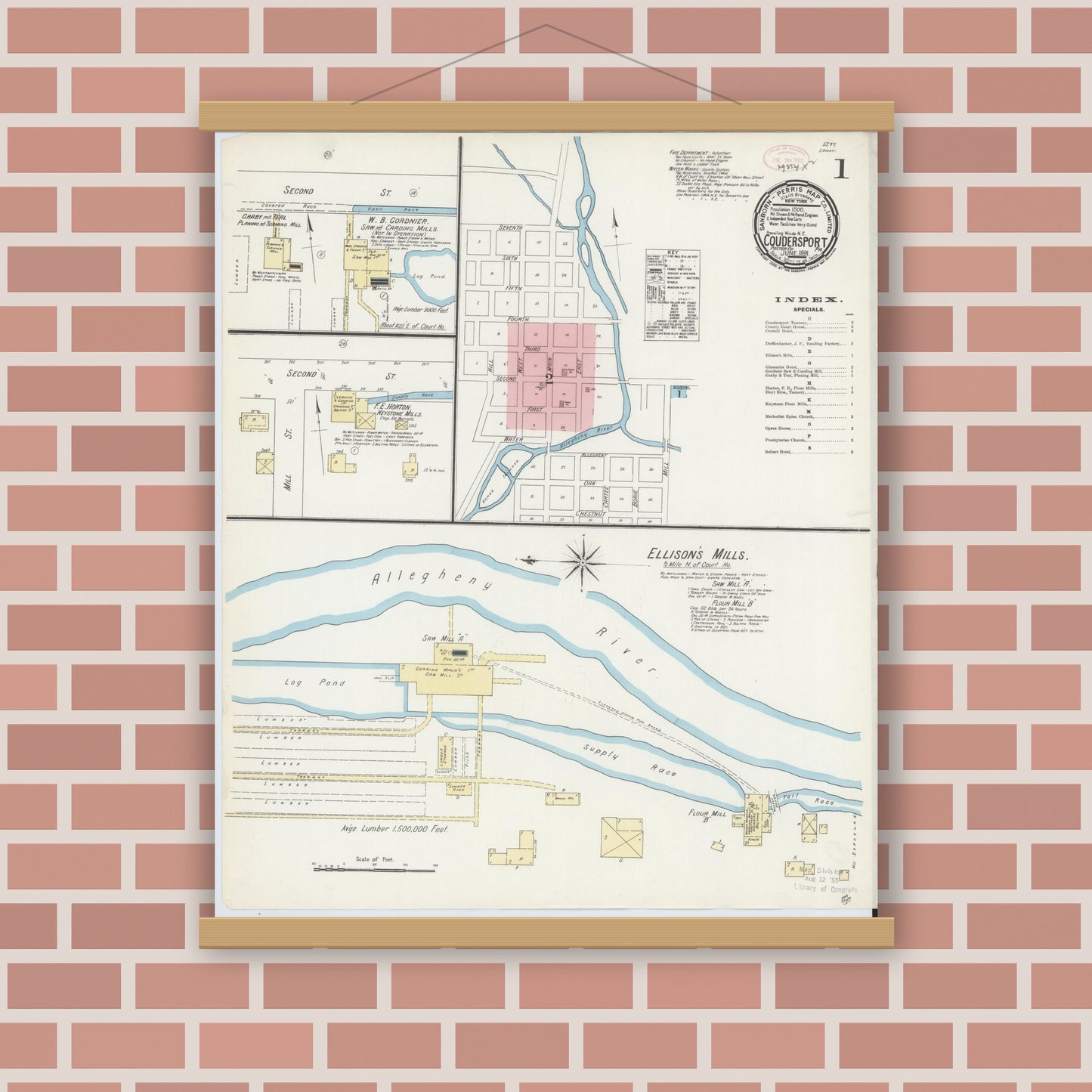 Old map wall art mockup — magnetic wood frame on brick wall — Sanborn Fire Insurance Map from Coudersport, Potter County, Pennsylvania (1891), Sheet #0001