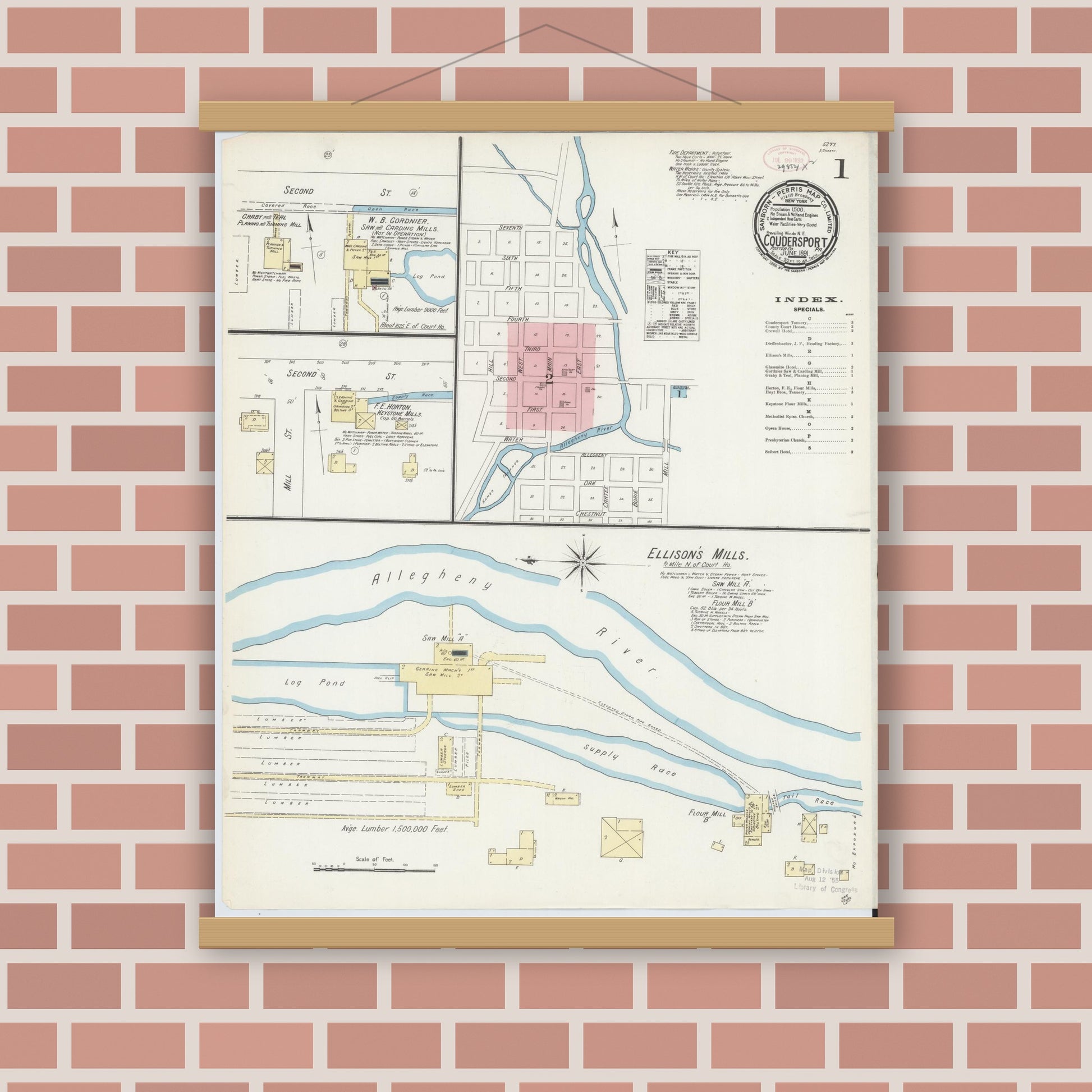 Old map wall art mockup — magnetic wood frame on brick wall — Sanborn Fire Insurance Map from Coudersport, Potter County, Pennsylvania (1891), Sheet #0001