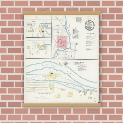 Old map wall art mockup — magnetic wood frame on brick wall — Sanborn Fire Insurance Map from Coudersport, Potter County, Pennsylvania (1891), Sheet #0001