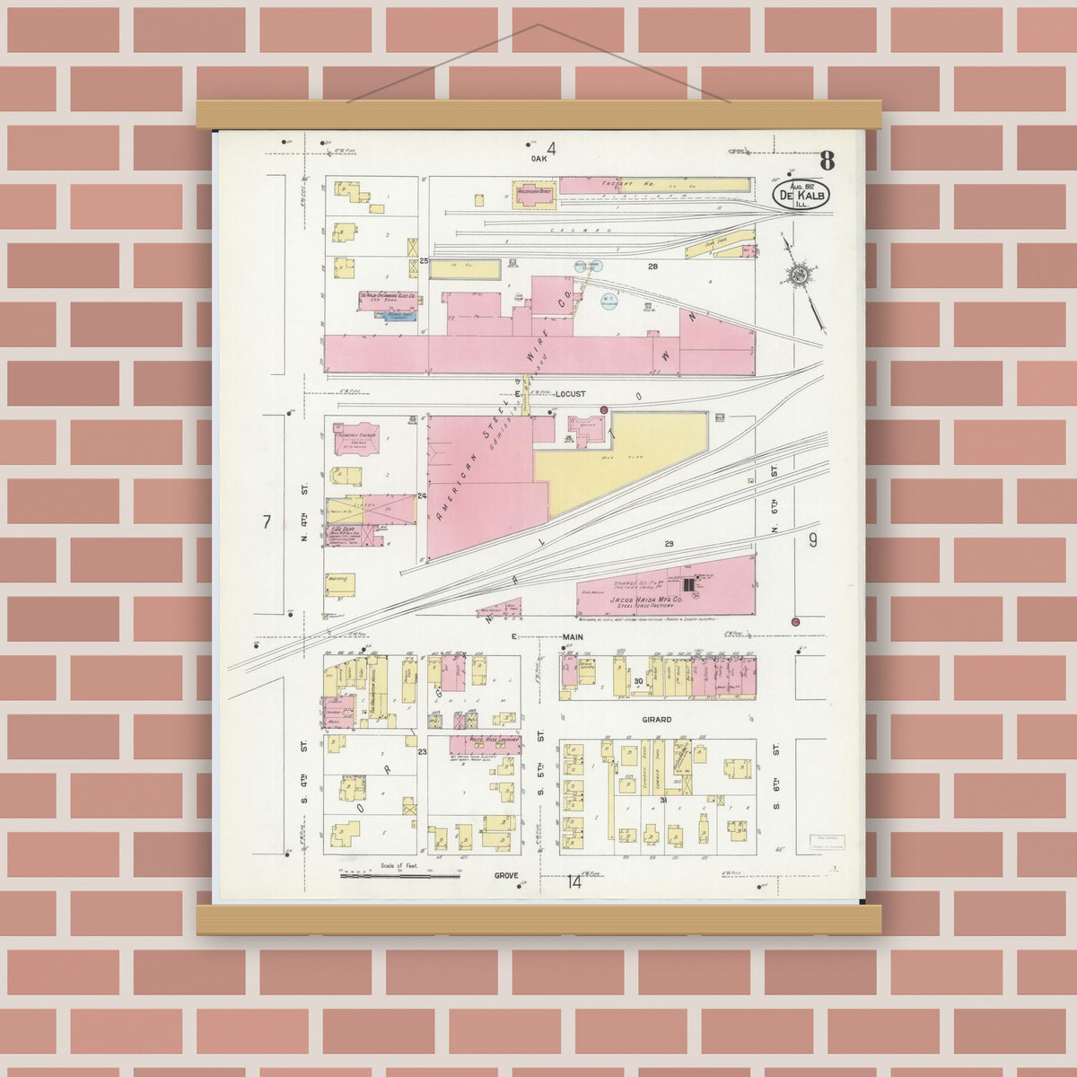 Old map wall art mockup — magnetic wood frame on brick wall — Sanborn Fire Insurance Map from De Kalb, De Kalb County, Illinois (1912), Sheet #0008