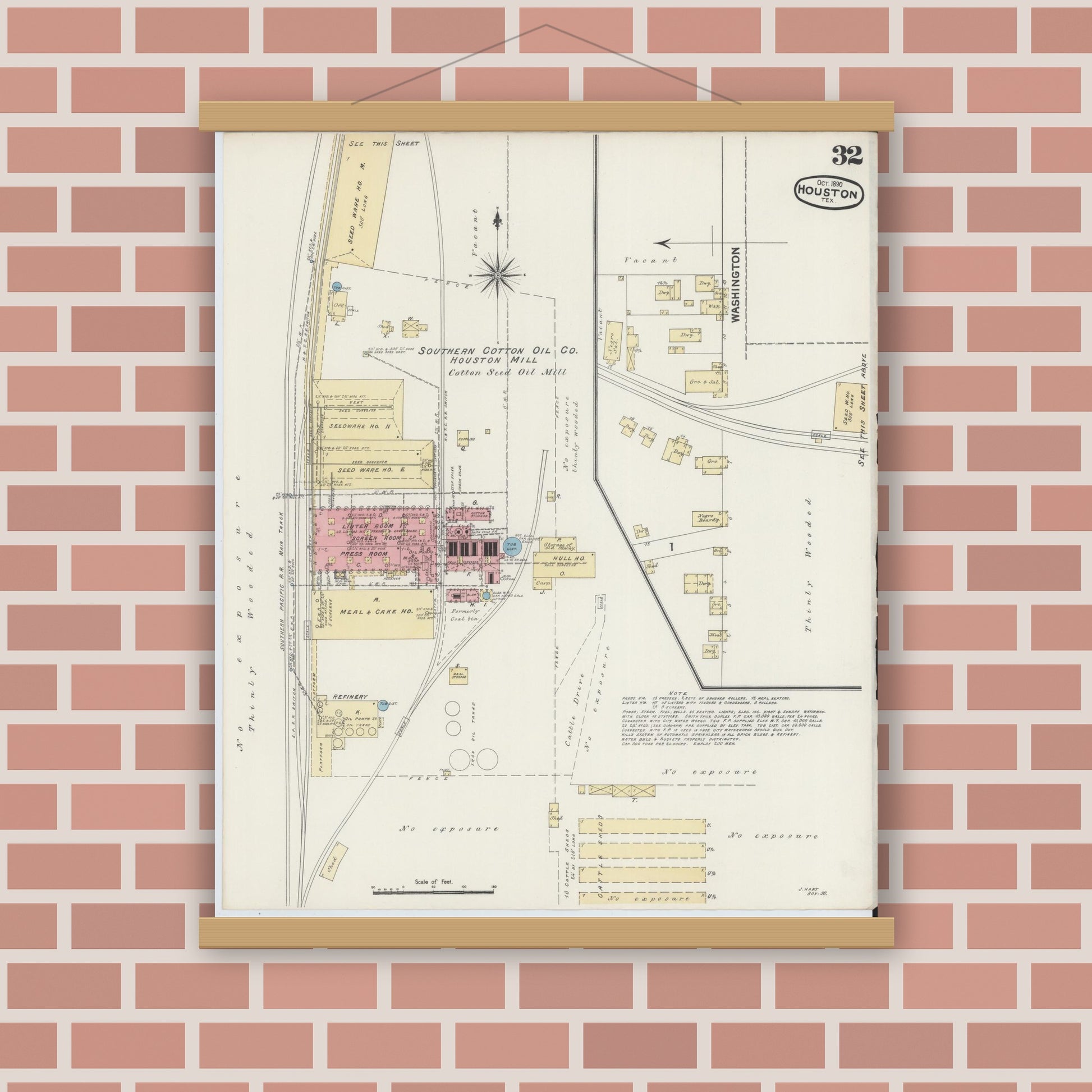 Old map wall art mockup — magnetic wood frame on brick wall — Sanborn Fire Insurance Map from Houston, Harris County, Texas (1890), Sheet #0032