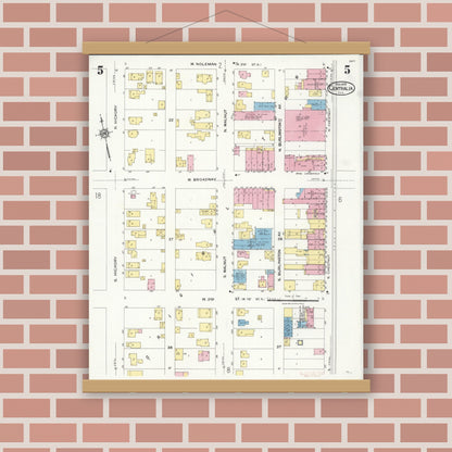 Old map wall art mockup — magnetic wood frame on brick wall — Sanborn Fire Insurance Map from Centralia, Marion, Clinton, Jefferson, and Washington Counties, Illinois (1924), Sheet #0005