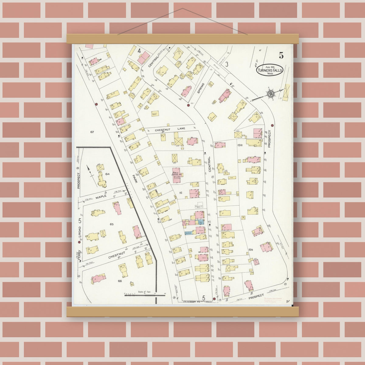 Old map wall art mockup — magnetic wood frame on brick wall — Sanborn Fire Insurance Map from Turners Falls, Franklin County, Massachusetts (1914), Sheet #0005