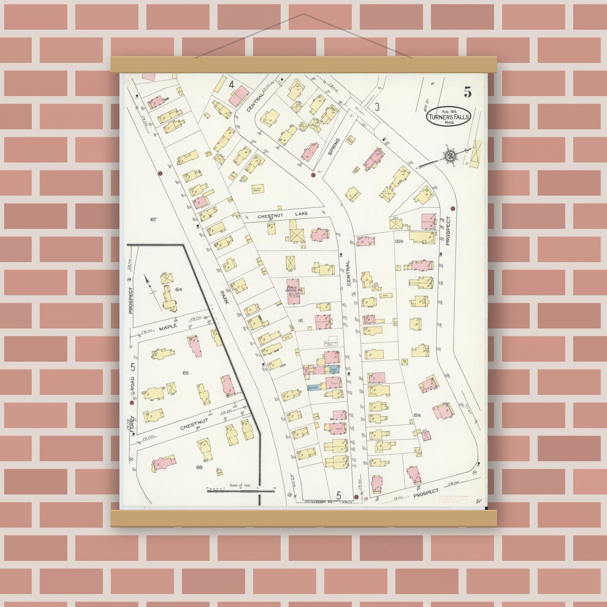 Old map wall art mockup — magnetic wood frame on brick wall — Sanborn Fire Insurance Map from Turners Falls, Franklin County, Massachusetts (1914), Sheet #0005