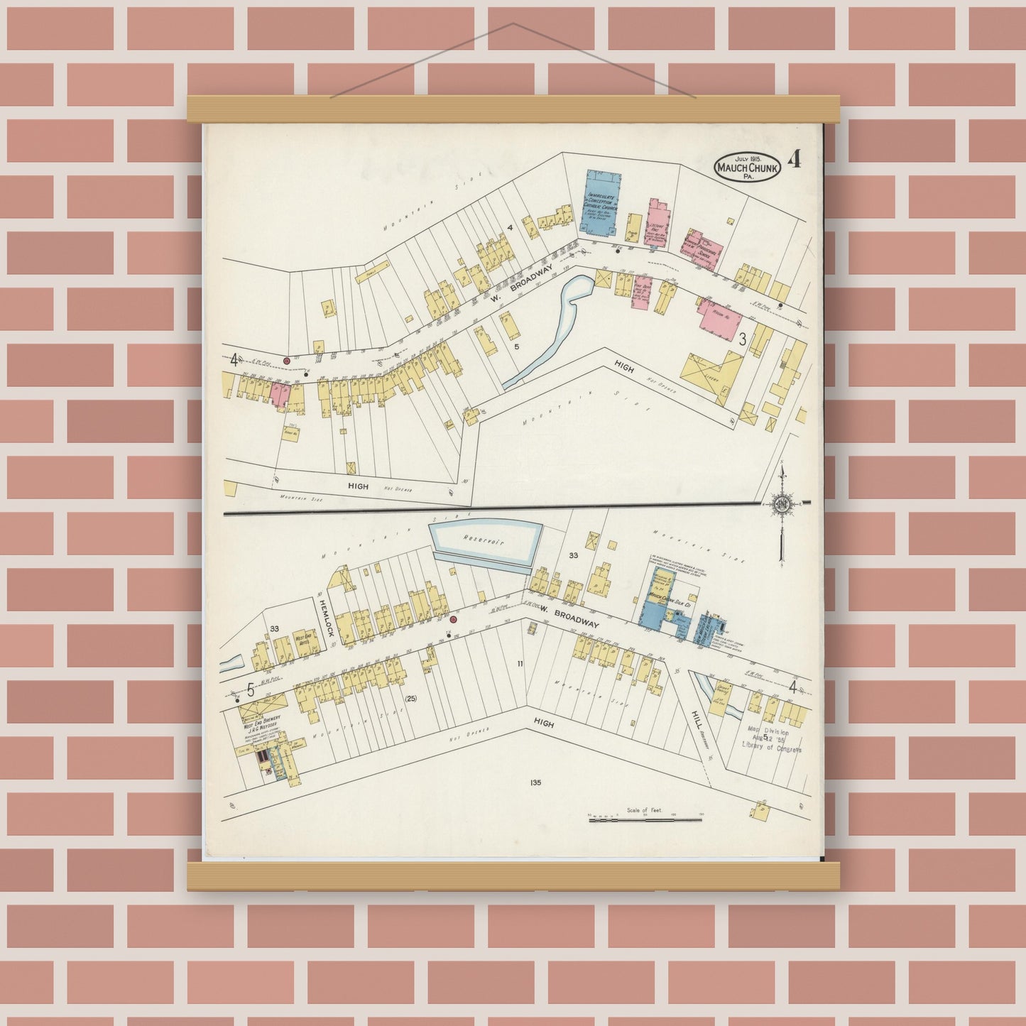 Old map wall art mockup — magnetic wood frame on brick wall — Sanborn Fire Insurance Map from Mauch Chunk, Carbon County, Pennsylvania (1915), Sheet #0004