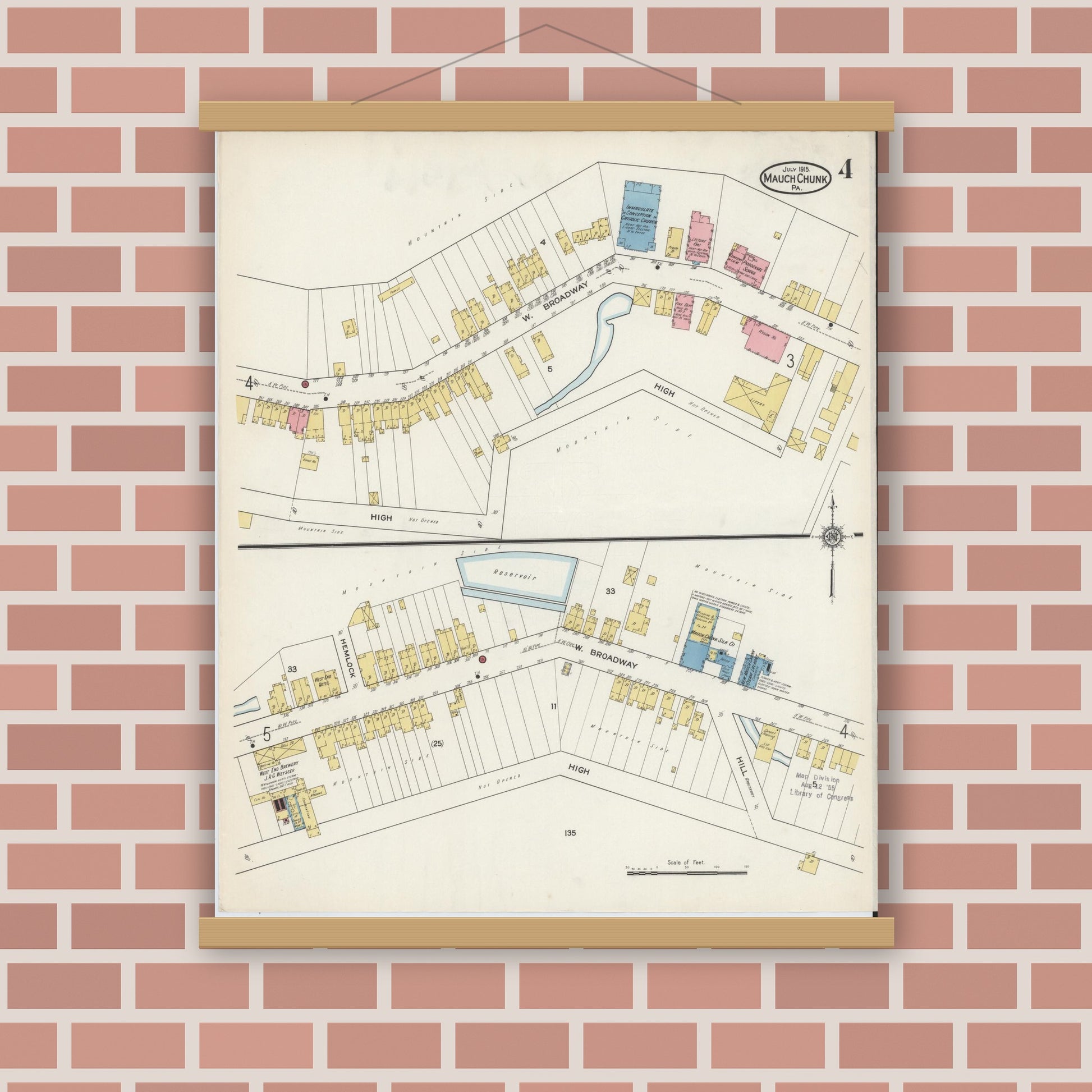 Old map wall art mockup — magnetic wood frame on brick wall — Sanborn Fire Insurance Map from Mauch Chunk, Carbon County, Pennsylvania (1915), Sheet #0004
