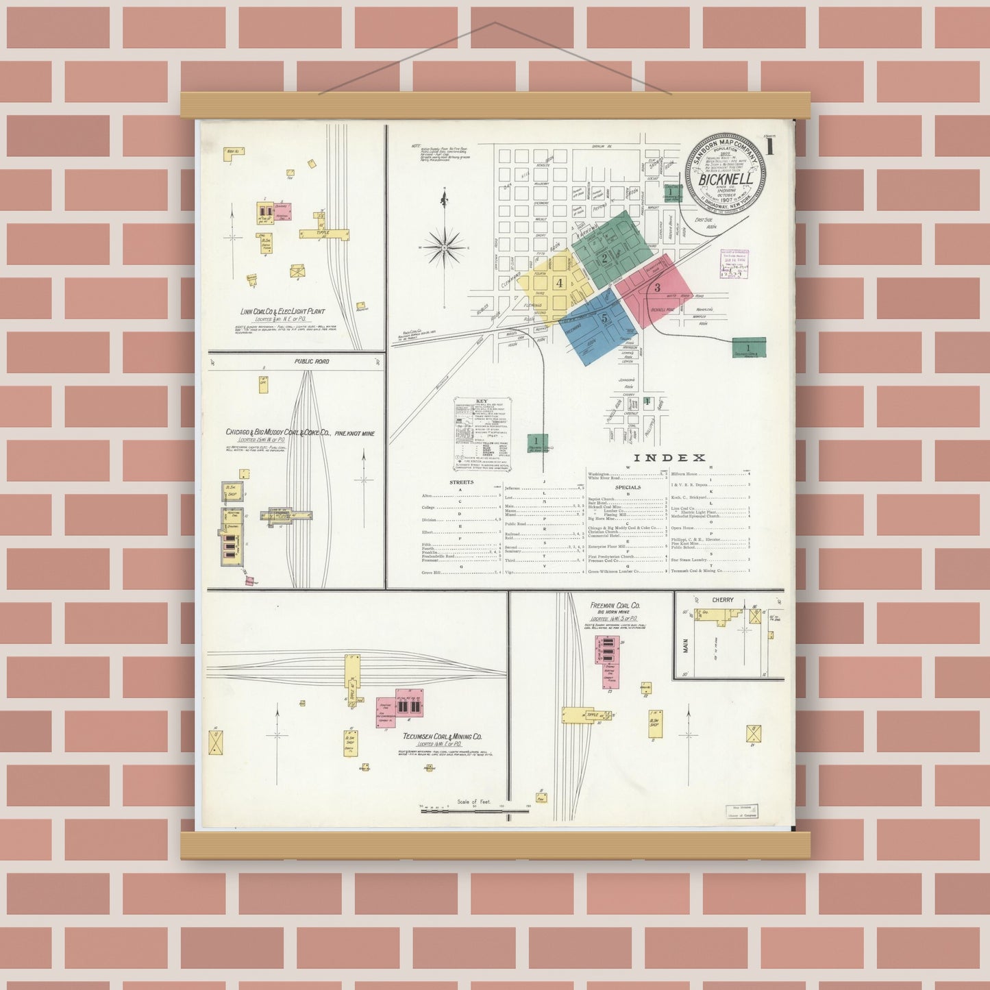 Old map wall art mockup — magnetic wood frame on brick wall — Sanborn Fire Insurance Map from Bicknell, Knox County, Indiana (1907) - Complete Map Set