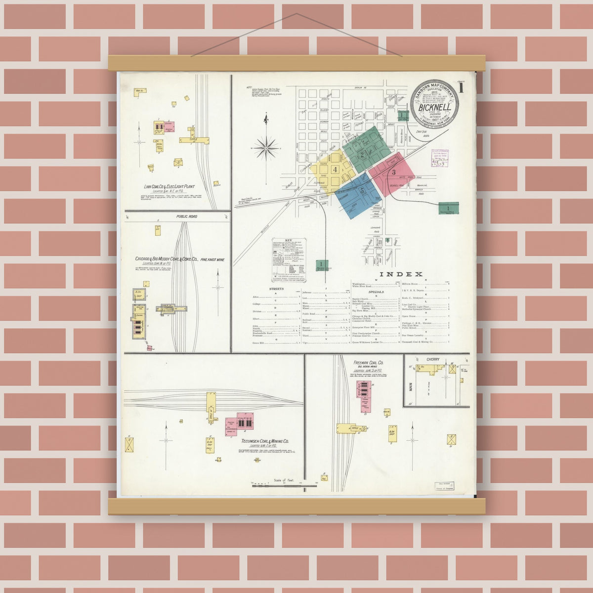 Old map wall art mockup — magnetic wood frame on brick wall — Sanborn Fire Insurance Map from Bicknell, Knox County, Indiana (1907) - Complete Map Set