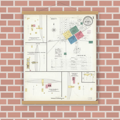 Old map wall art mockup — magnetic wood frame on brick wall — Sanborn Fire Insurance Map from Bicknell, Knox County, Indiana (1907) - Complete Map Set