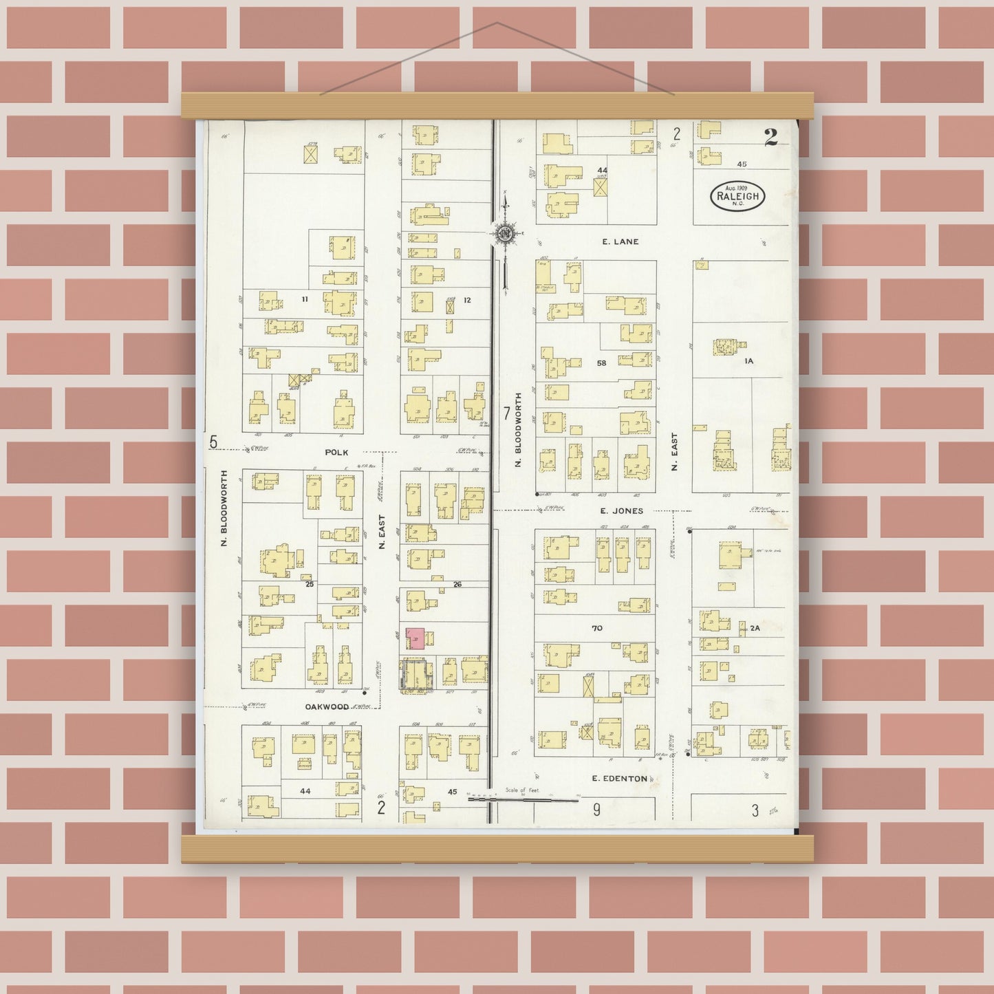Old map wall art mockup — magnetic wood frame on brick wall — Sanborn Fire Insurance Map from Raleigh, Wake County, North Carolina (1909), Sheet #0002
