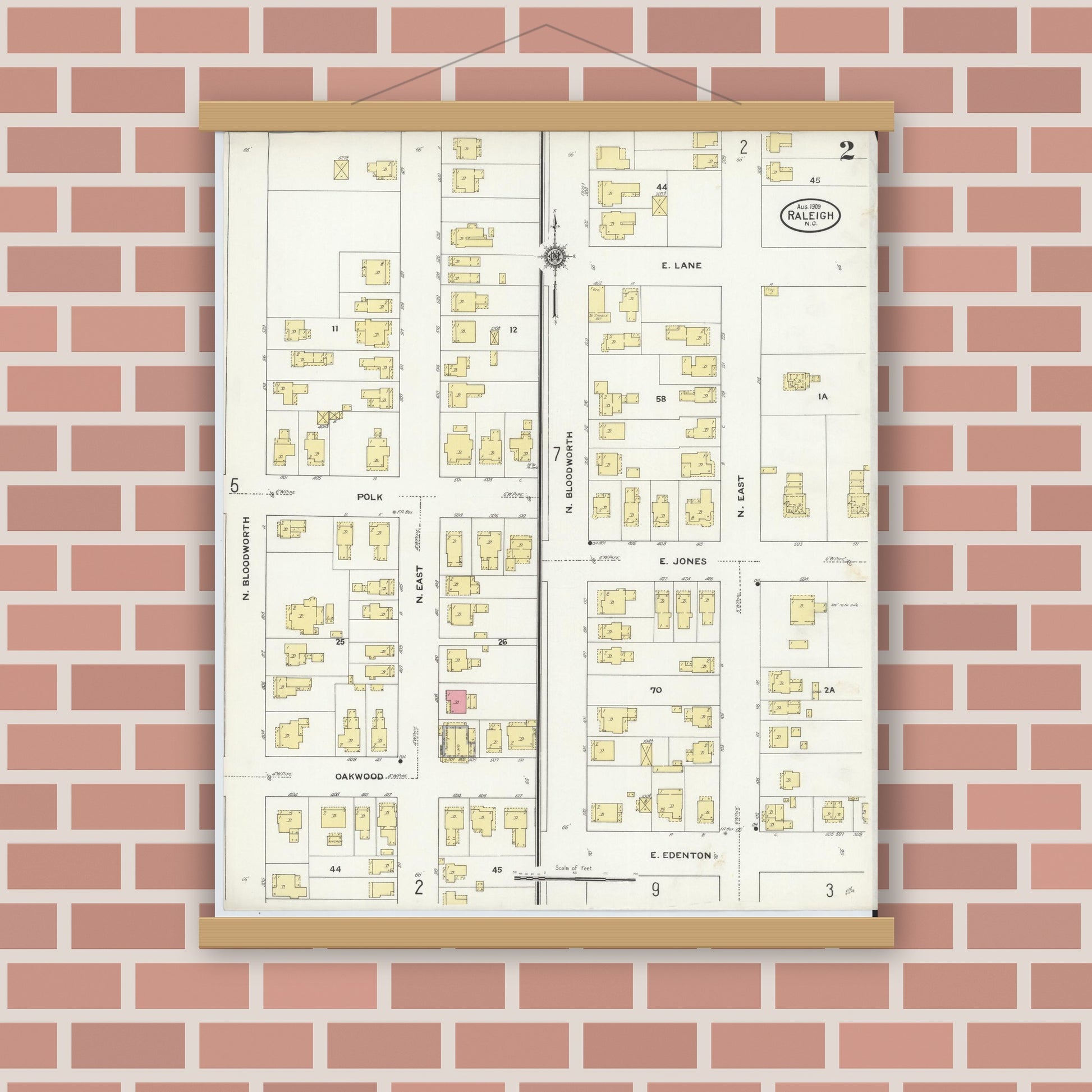 Old map wall art mockup — magnetic wood frame on brick wall — Sanborn Fire Insurance Map from Raleigh, Wake County, North Carolina (1909), Sheet #0002