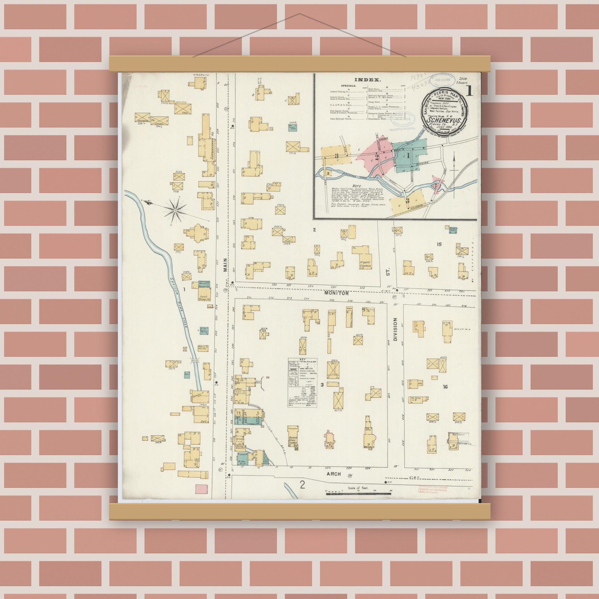 Old map wall art mockup — magnetic wood frame on brick wall — Sanborn Fire Insurance Map from Schenevus, Otsego County, New York (1898) - Complete Map Set