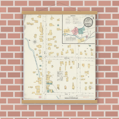 Old map wall art mockup — magnetic wood frame on brick wall — Sanborn Fire Insurance Map from Schenevus, Otsego County, New York (1898) - Complete Map Set