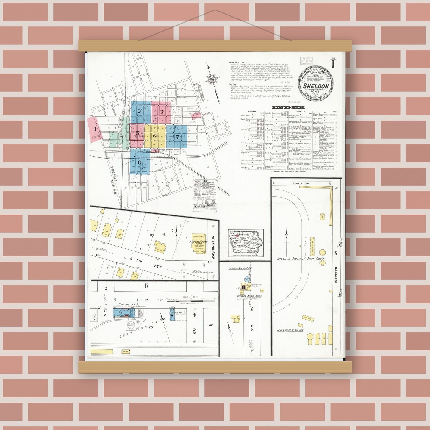Old map wall art mockup — magnetic wood frame on brick wall — Sanborn Fire Insurance Map from Sheldon, O'Brien County, Iowa (1918), Sheet #0001