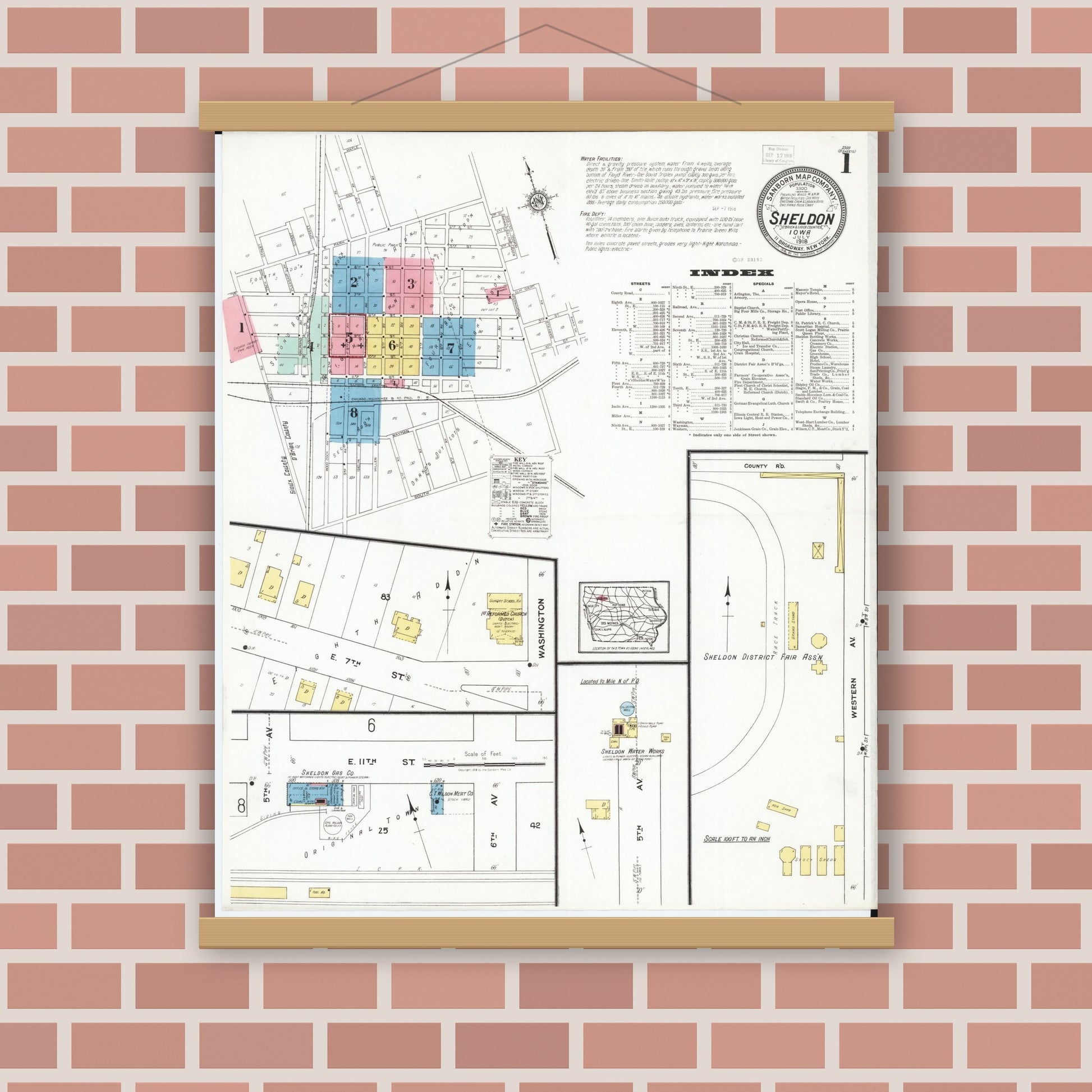 Old map wall art mockup — magnetic wood frame on brick wall — Sanborn Fire Insurance Map from Sheldon, O'Brien County, Iowa (1918), Sheet #0001