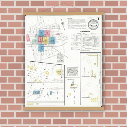 Old map wall art mockup — magnetic wood frame on brick wall — Sanborn Fire Insurance Map from Sheldon, O'Brien County, Iowa (1918), Sheet #0001