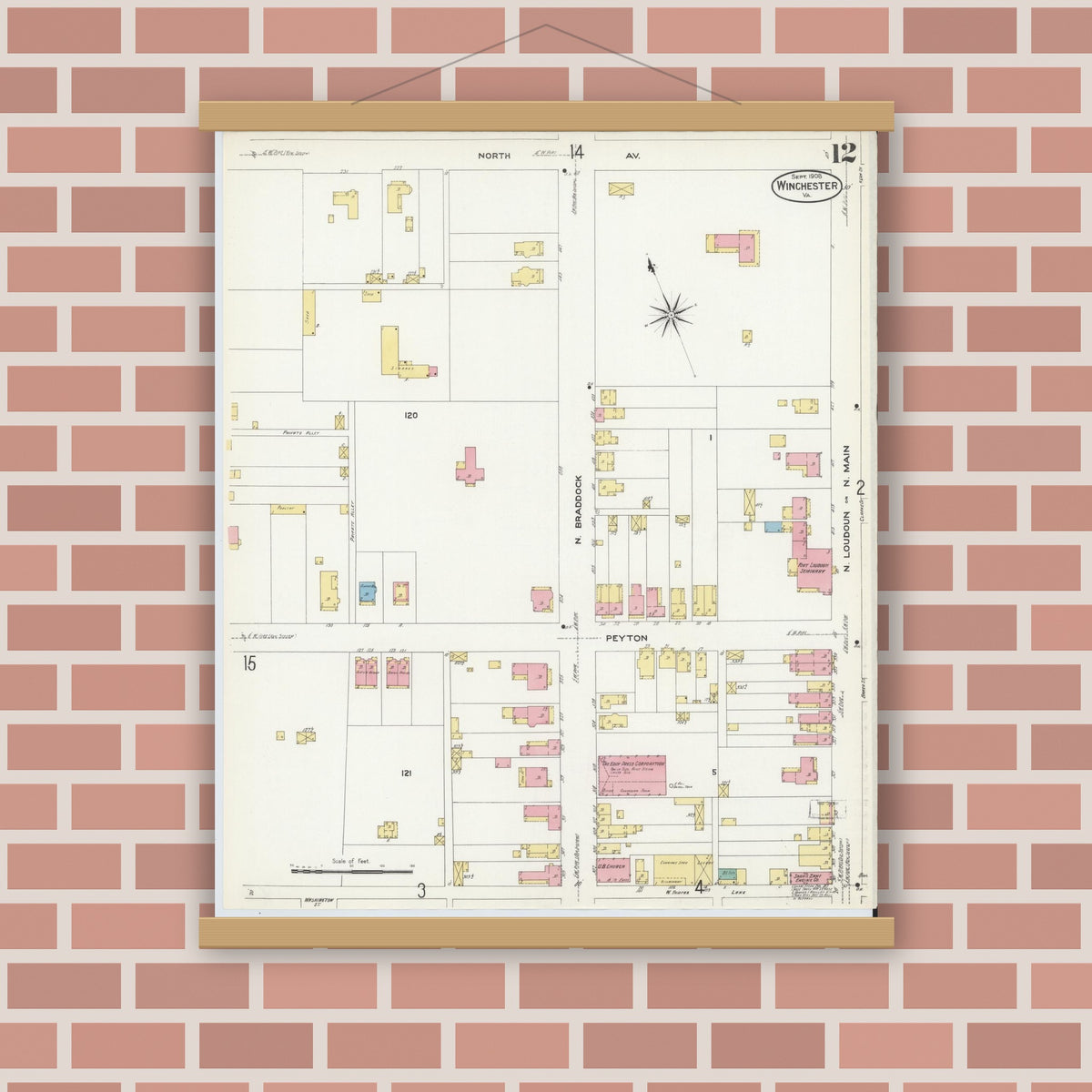Old map wall art mockup — magnetic wood frame on brick wall — Sanborn Fire Insurance Map from Winchester, Independent Cities, Virginia (1908), Sheet #0012