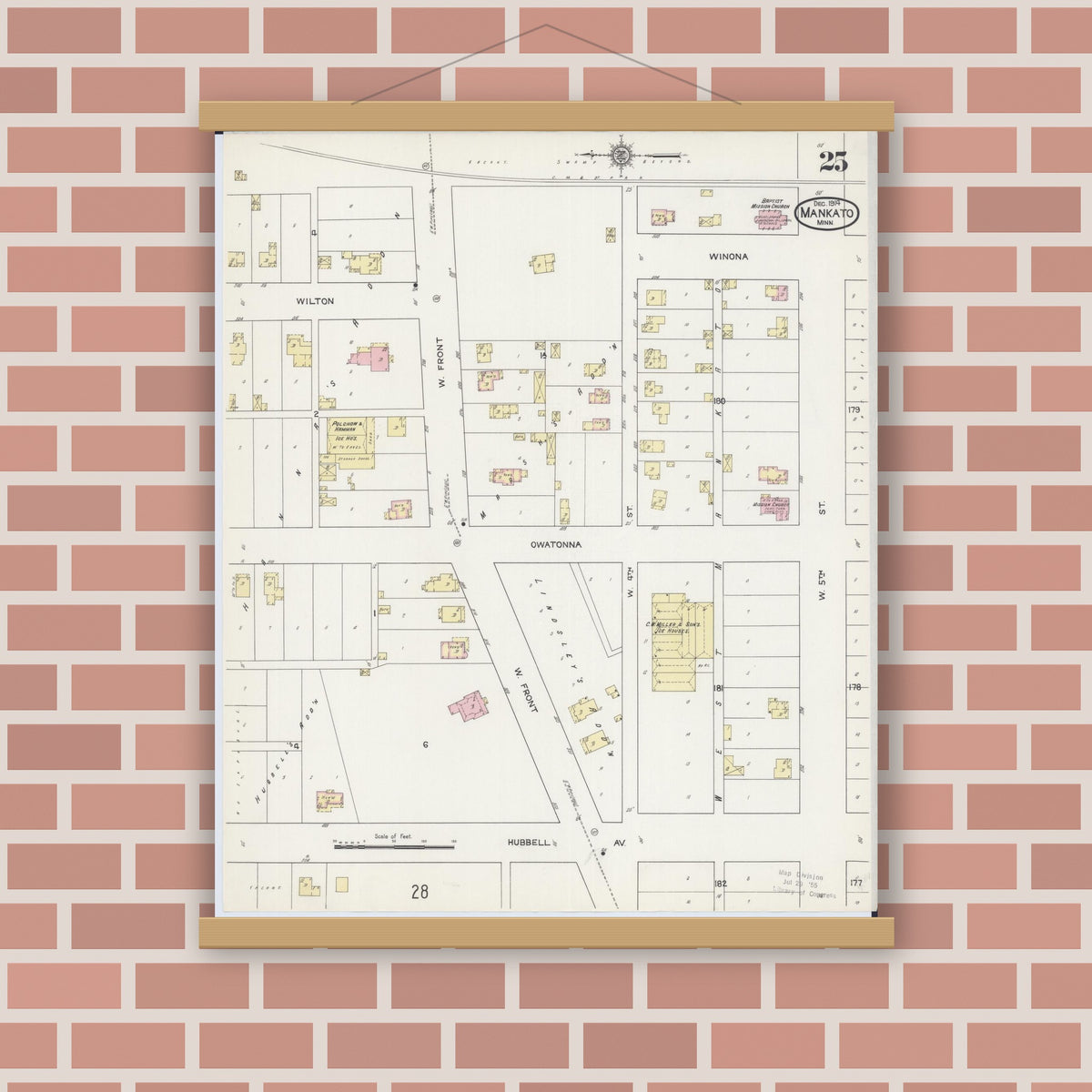 Old map wall art mockup — magnetic wood frame on brick wall — Sanborn Fire Insurance Map from Mankato, Blue Earth County, Minnesota (1914), Sheet #0025
