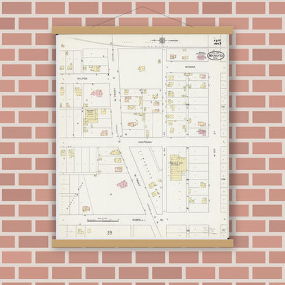 Old map wall art mockup — magnetic wood frame on brick wall — Sanborn Fire Insurance Map from Mankato, Blue Earth County, Minnesota (1914), Sheet #0025