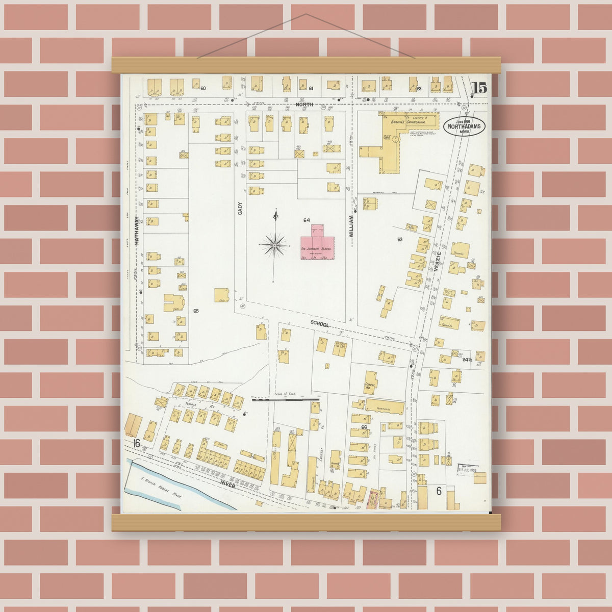 Old map wall art mockup — magnetic wood frame on brick wall — Sanborn Fire Insurance Map from North Adams, Berkshire County, Massachusetts (1901), Sheet #0015