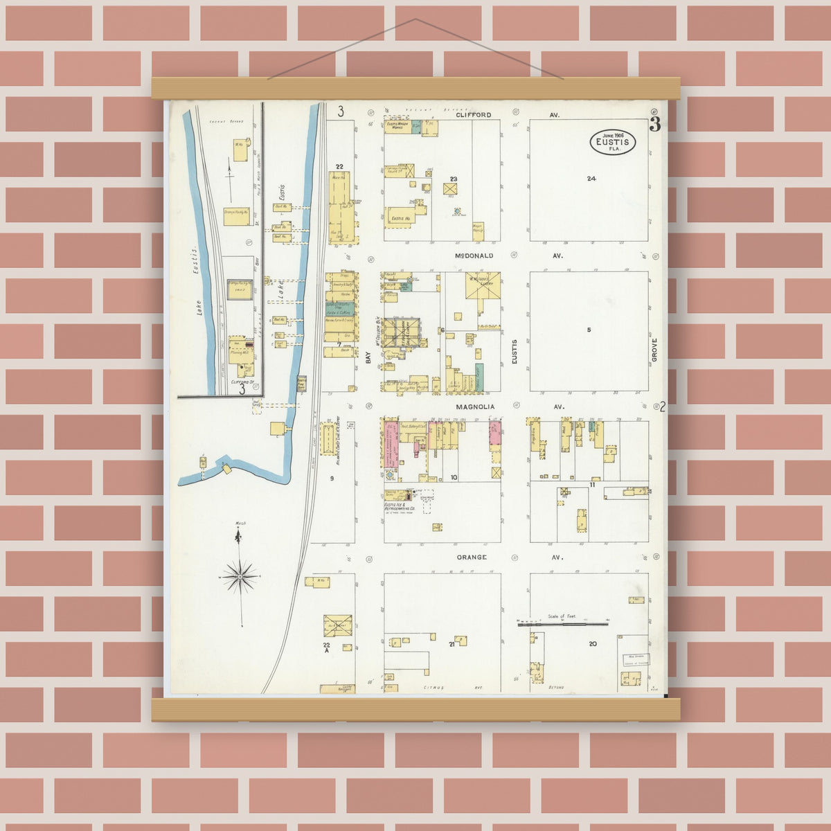 Old map wall art mockup — magnetic wood frame on brick wall — Sanborn Fire Insurance Map from Eustis, Lake County, Florida (1906), Sheet #0003