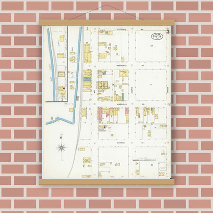 Old map wall art mockup — magnetic wood frame on brick wall — Sanborn Fire Insurance Map from Eustis, Lake County, Florida (1906), Sheet #0003