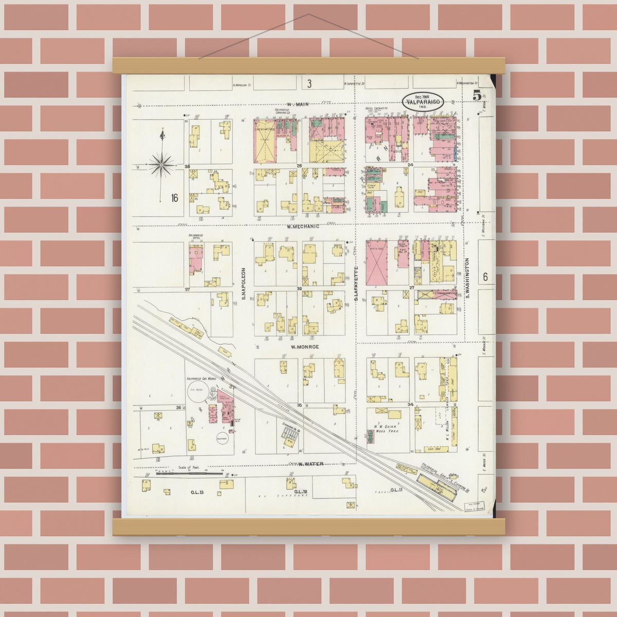 Old map wall art mockup — magnetic wood frame on brick wall — Sanborn Fire Insurance Map from Valparaiso, Porter County, Indiana (1905), Sheet #0005