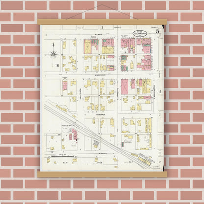 Old map wall art mockup — magnetic wood frame on brick wall — Sanborn Fire Insurance Map from Valparaiso, Porter County, Indiana (1905), Sheet #0005
