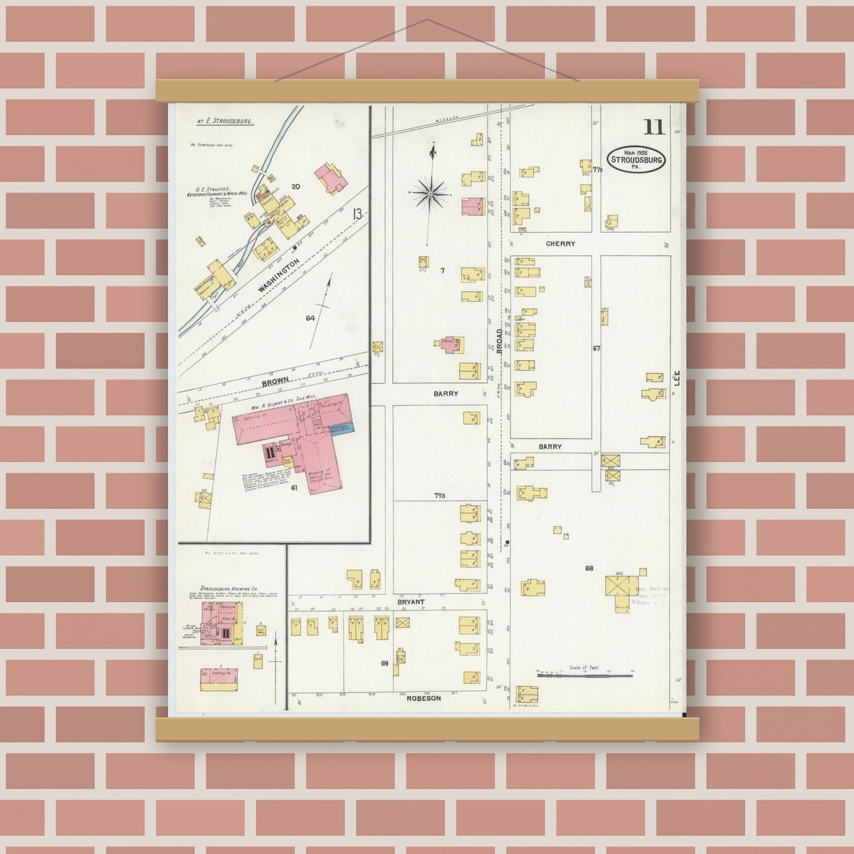 Old map wall art mockup — magnetic wood frame on brick wall — Sanborn Fire Insurance Map from Stroudsburg, Monroe County, Pennsylvania (1905), Sheet #0011