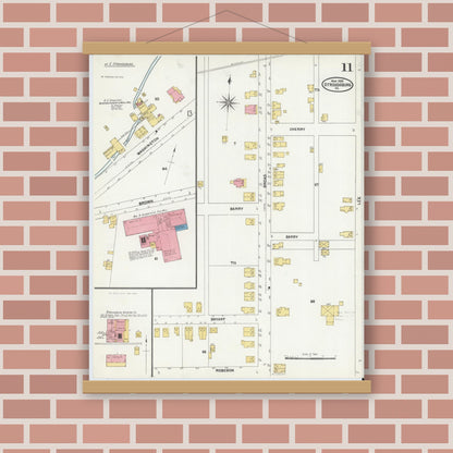 Old map wall art mockup — magnetic wood frame on brick wall — Sanborn Fire Insurance Map from Stroudsburg, Monroe County, Pennsylvania (1905), Sheet #0011