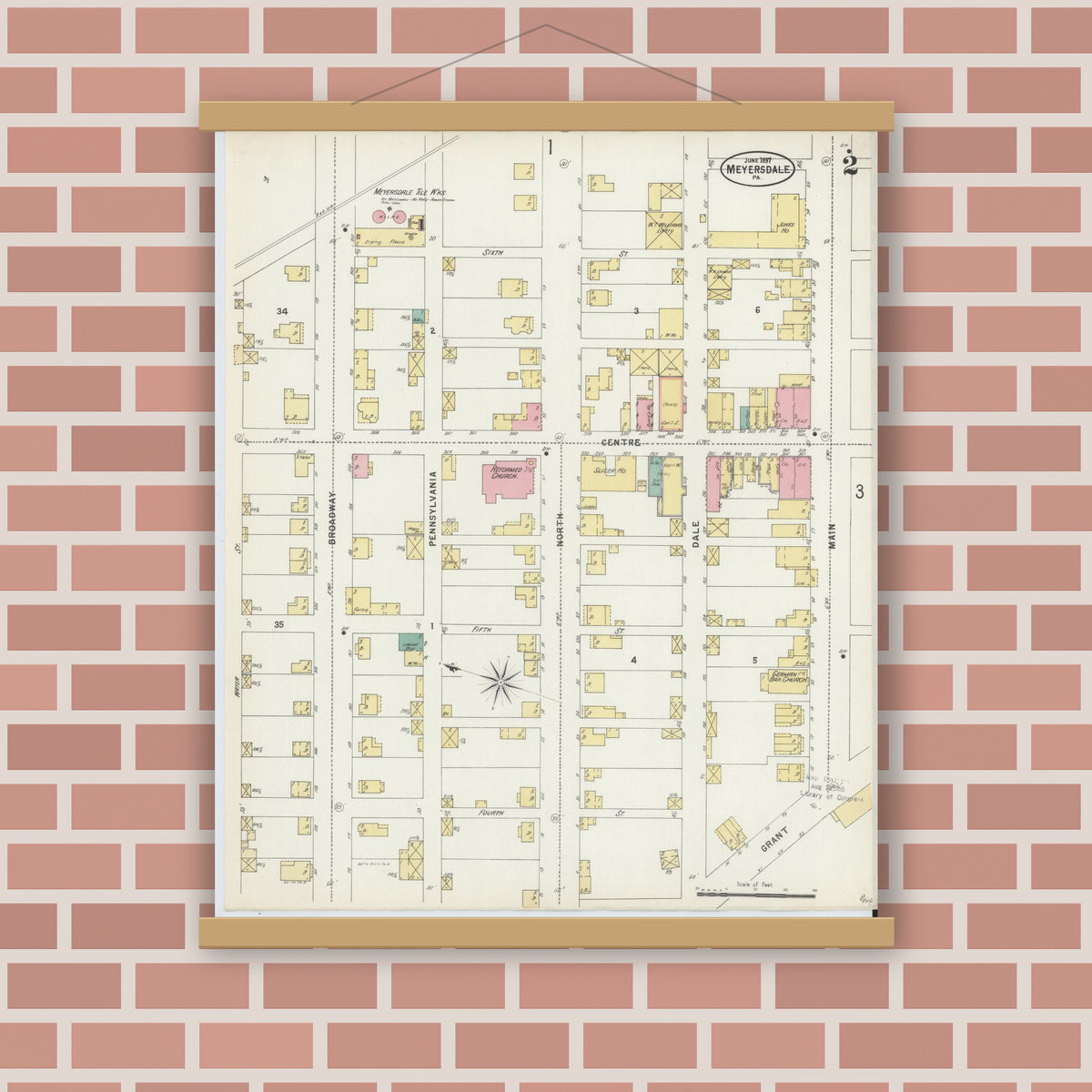 Old map wall art mockup — magnetic wood frame on brick wall — Sanborn Fire Insurance Map from Meyersdale, Somerset County, Pennsylvania (1897), Sheet #0002