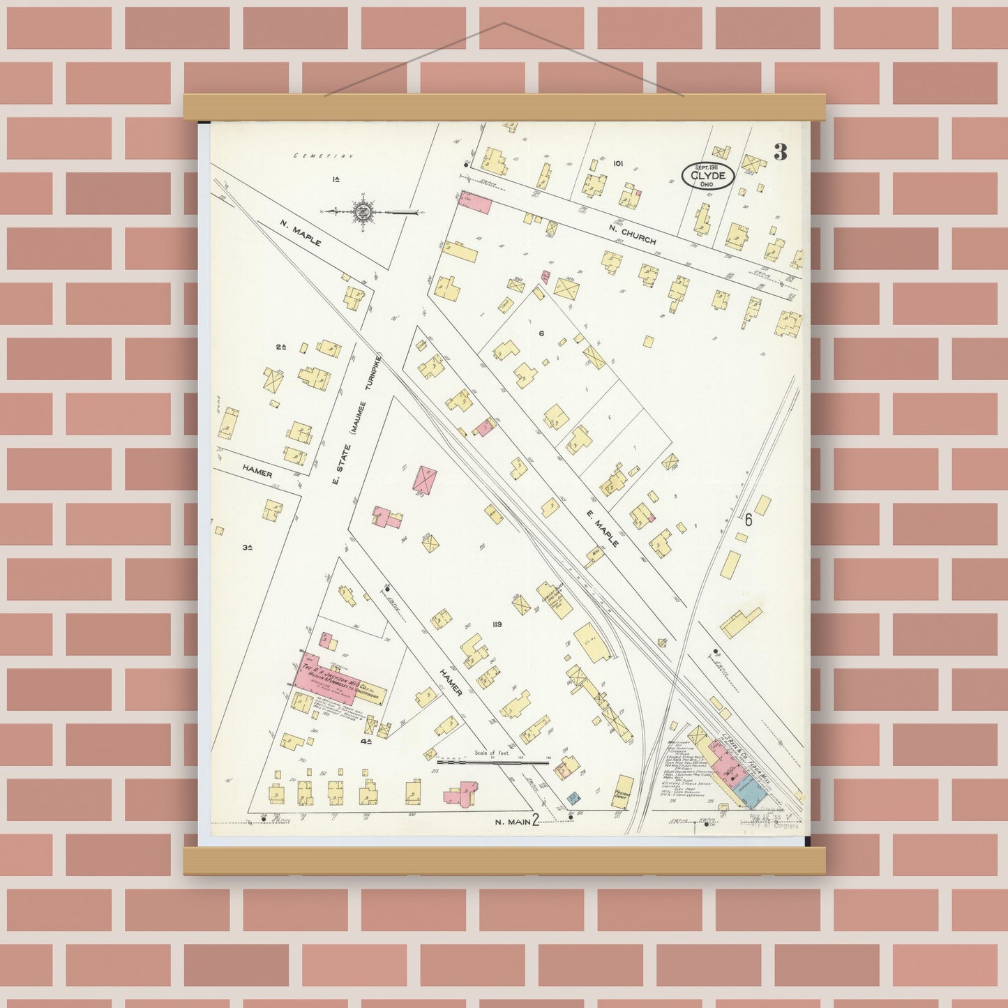 Old map wall art mockup — magnetic wood frame on brick wall — Sanborn Fire Insurance Map from Clyde, Sandusky County, Ohio (1911), Sheet #0003