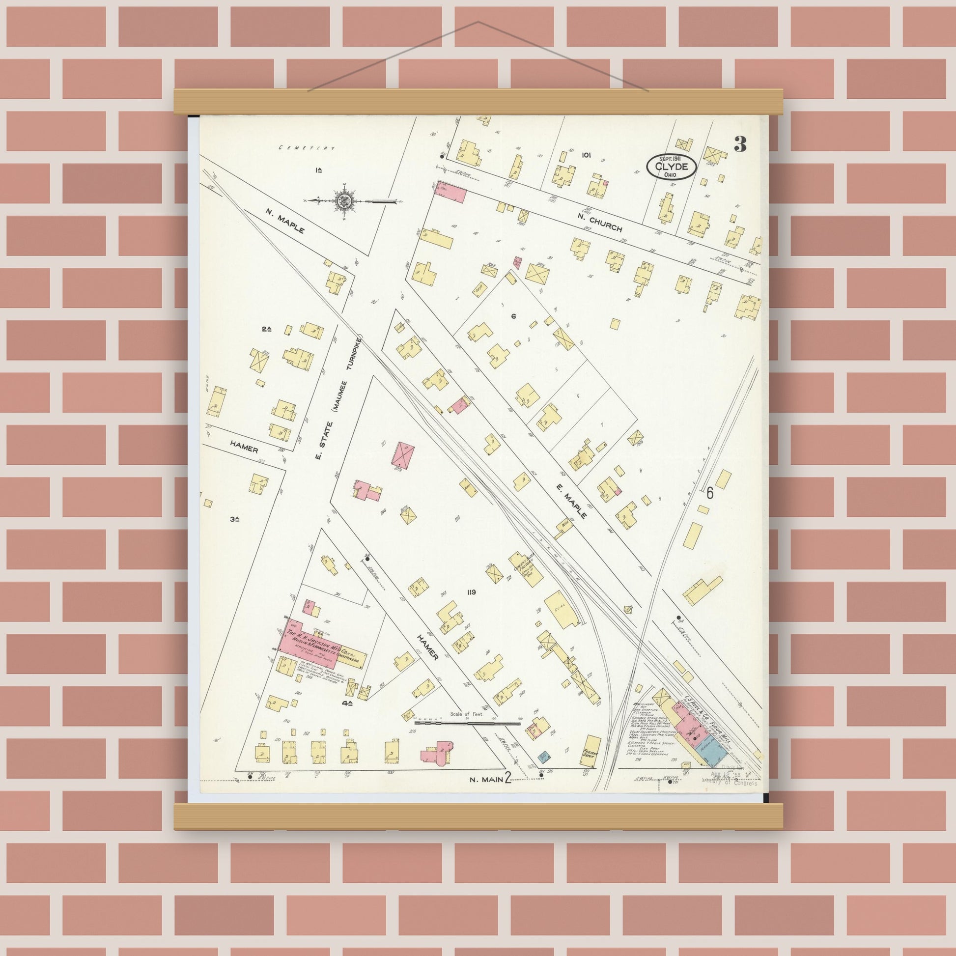 Old map wall art mockup — magnetic wood frame on brick wall — Sanborn Fire Insurance Map from Clyde, Sandusky County, Ohio (1911), Sheet #0003