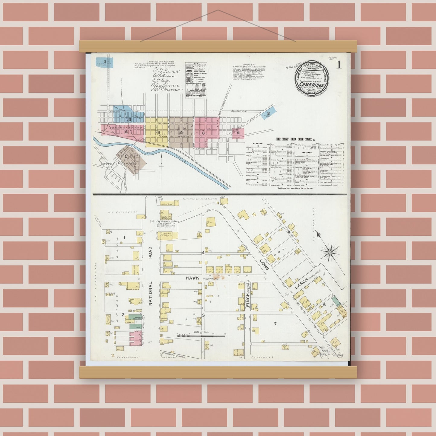 Old map wall art mockup — magnetic wood frame on brick wall — Sanborn Fire Insurance Map from Cambridge, Guernsey County, Ohio (1892), Sheet #0001