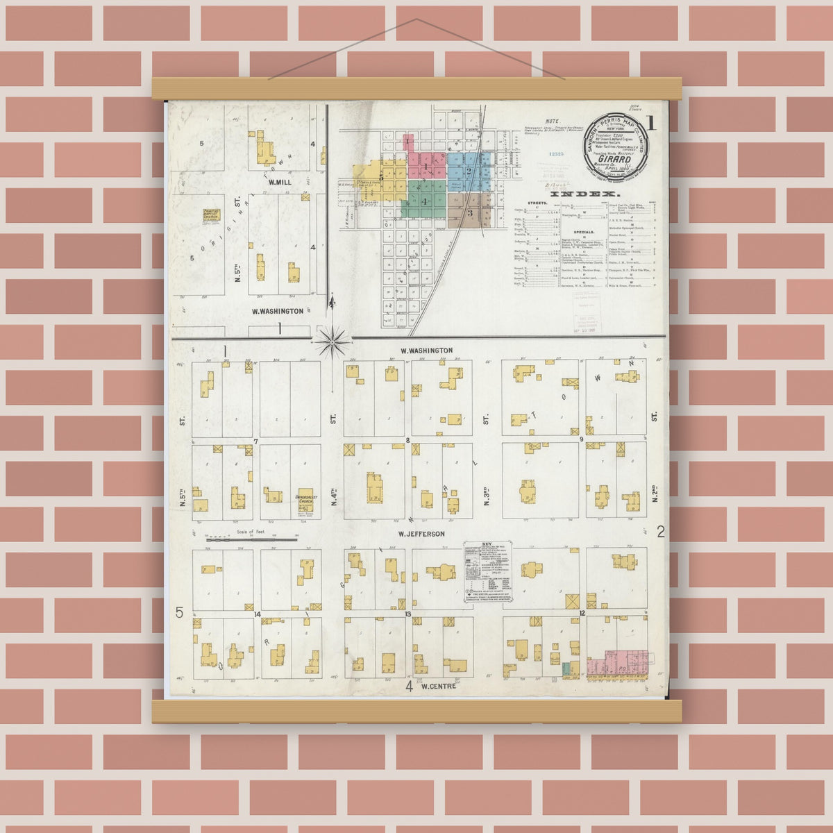 Old map wall art mockup — magnetic wood frame on brick wall — Sanborn Fire Insurance Map from Girard, Macoupin County, Illinois (1900), Sheet #0001