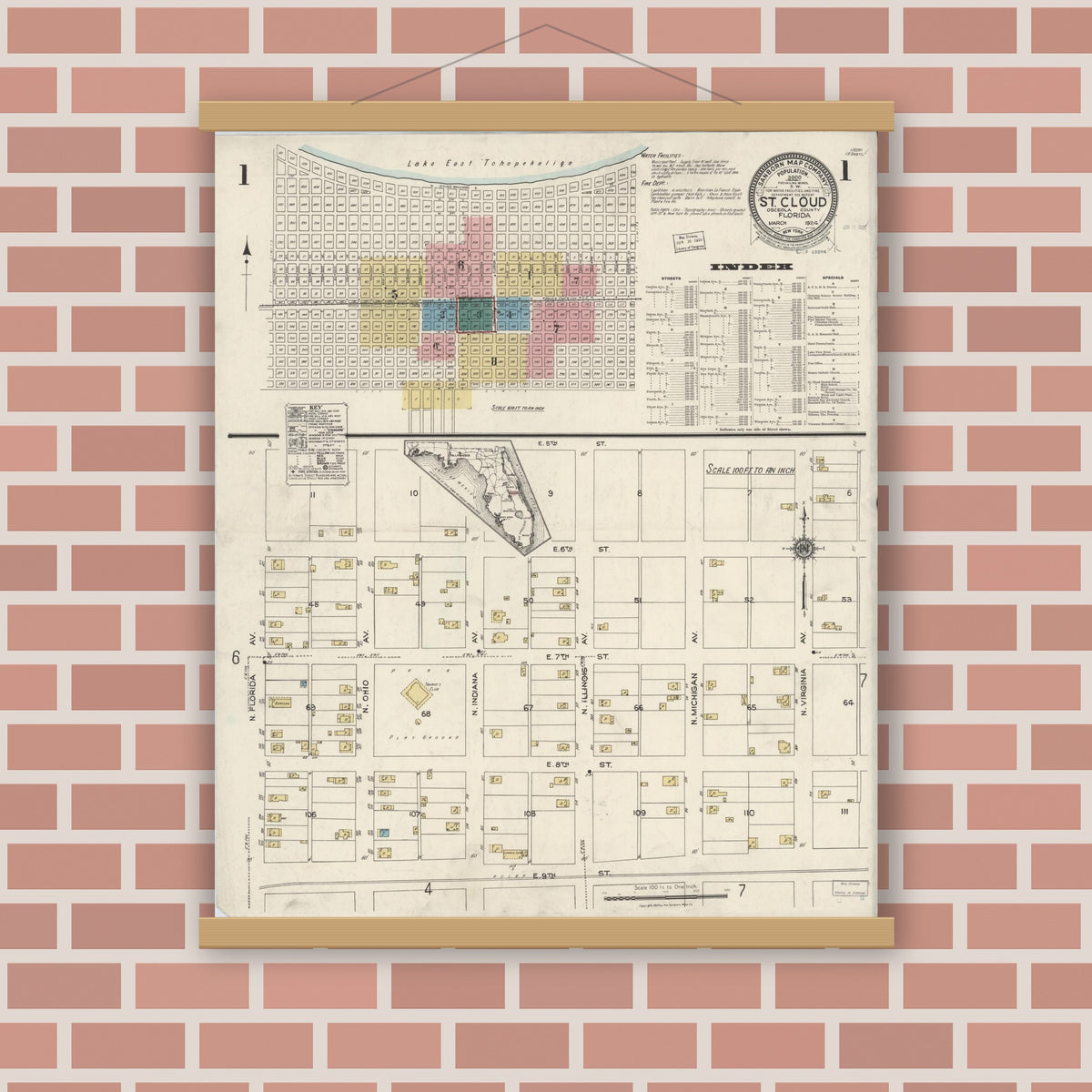 Old map wall art mockup — magnetic wood frame on brick wall — Sanborn Fire Insurance Map from Saint Cloud, Osceola County, Florida (1924) - Complete Map Set