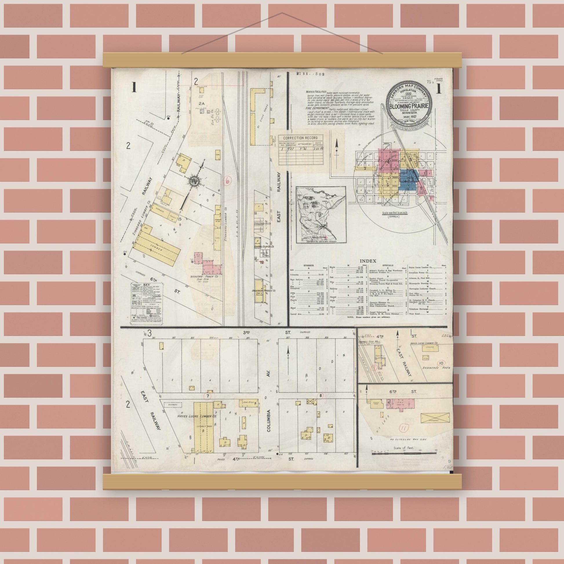 Old map wall art mockup — magnetic wood frame on brick wall — Sanborn Fire Insurance Map from Blooming Prairie, Steele County, Minnesota (1937), Sheet #0001