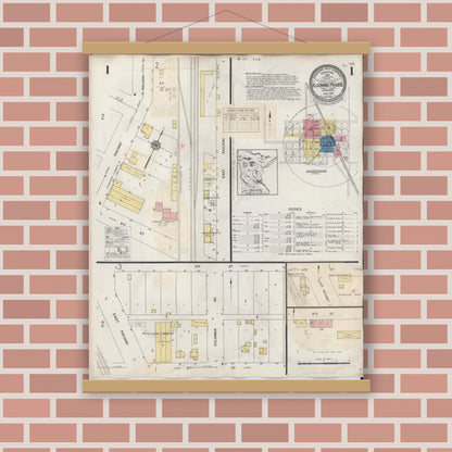 Old map wall art mockup — magnetic wood frame on brick wall — Sanborn Fire Insurance Map from Blooming Prairie, Steele County, Minnesota (1937), Sheet #0001