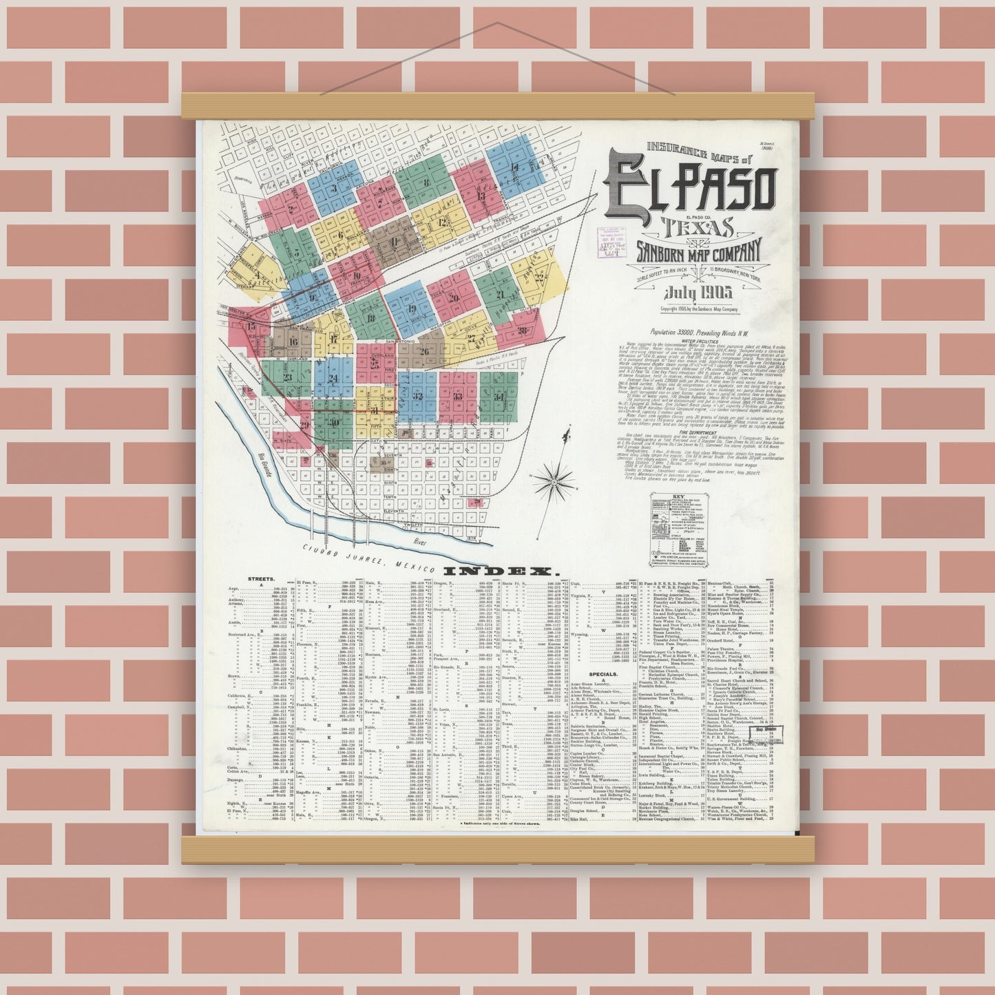 Old map wall art mockup — magnetic wood frame on brick wall — Sanborn Fire Insurance Map from El Paso, El Paso County, Texas (1905) - Complete Map Set
