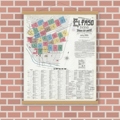 Old map wall art mockup — magnetic wood frame on brick wall — Sanborn Fire Insurance Map from El Paso, El Paso County, Texas (1905) - Complete Map Set