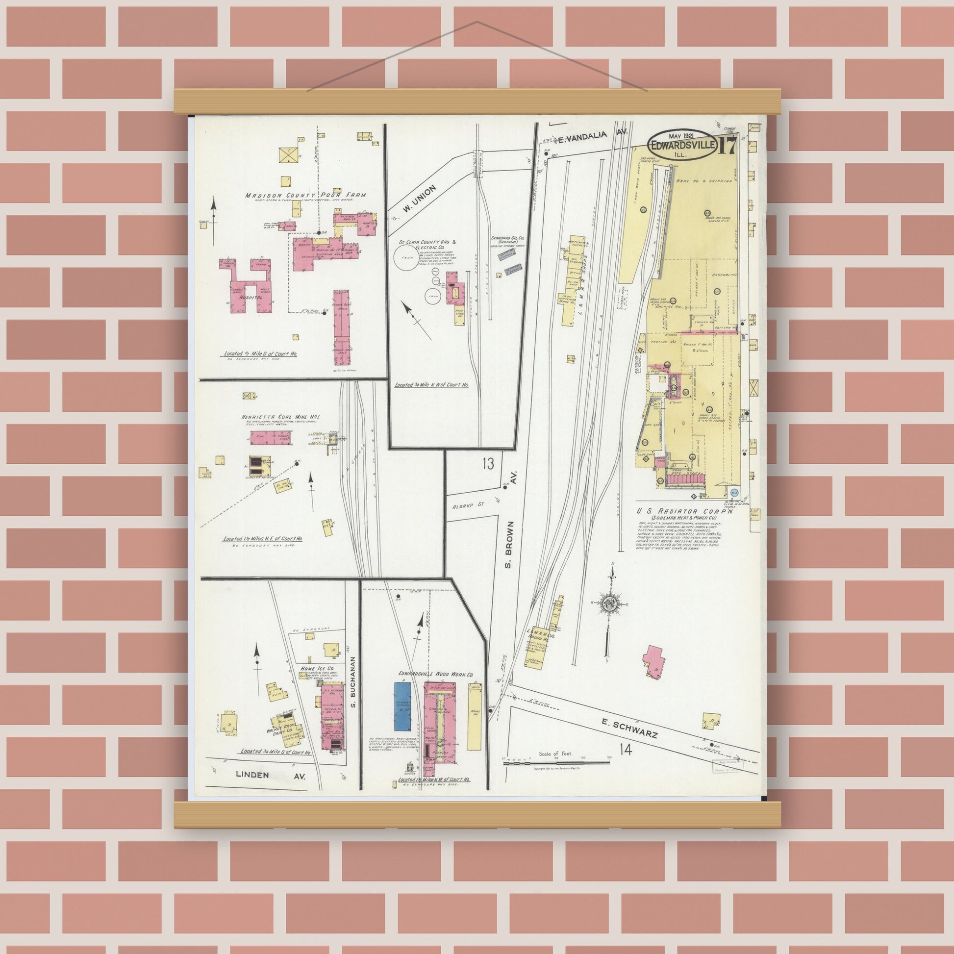 Old map wall art mockup — magnetic wood frame on brick wall — Sanborn Fire Insurance Map from Edwardsville, Madison County, Illinois (1921), Sheet #0017