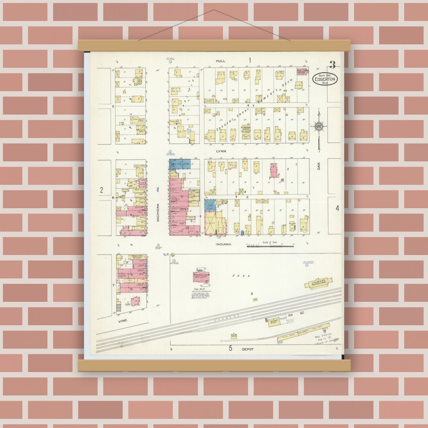 Old map wall art mockup — magnetic wood frame on brick wall — Sanborn Fire Insurance Map from Edgerton, Williams County, Ohio (1913), Sheet #0003