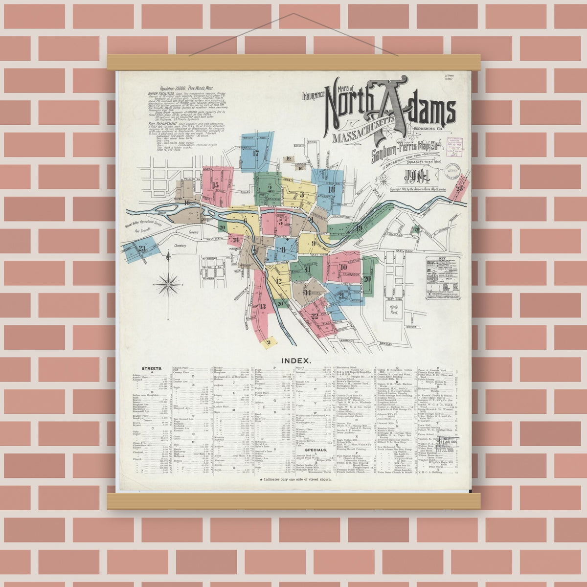 Old map wall art mockup — magnetic wood frame on brick wall — Sanborn Fire Insurance Map from North Adams, Berkshire County, Massachusetts (1901), Sheet #0001