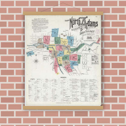 Old map wall art mockup — magnetic wood frame on brick wall — Sanborn Fire Insurance Map from North Adams, Berkshire County, Massachusetts (1901), Sheet #0001