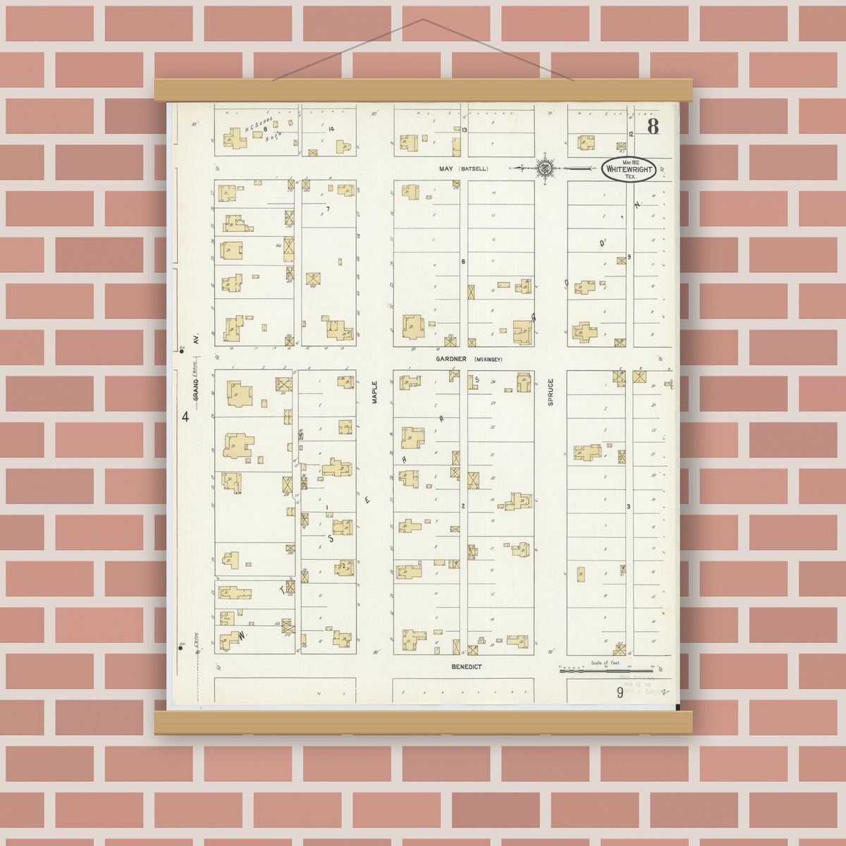 Old map wall art mockup — magnetic wood frame on brick wall — Sanborn Fire Insurance Map from Whitewright, Grayson County, Texas (1912), Sheet #0008