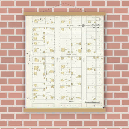 Old map wall art mockup — magnetic wood frame on brick wall — Sanborn Fire Insurance Map from Whitewright, Grayson County, Texas (1912), Sheet #0008