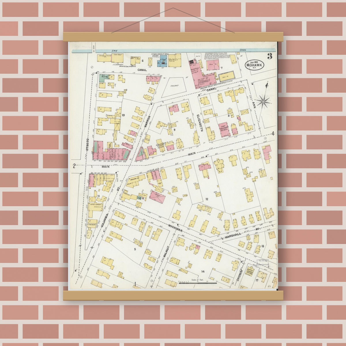 Old map wall art mockup — magnetic wood frame on brick wall — Sanborn Fire Insurance Map from Mohawk, Herkimer County, New York (1902), Sheet #0003